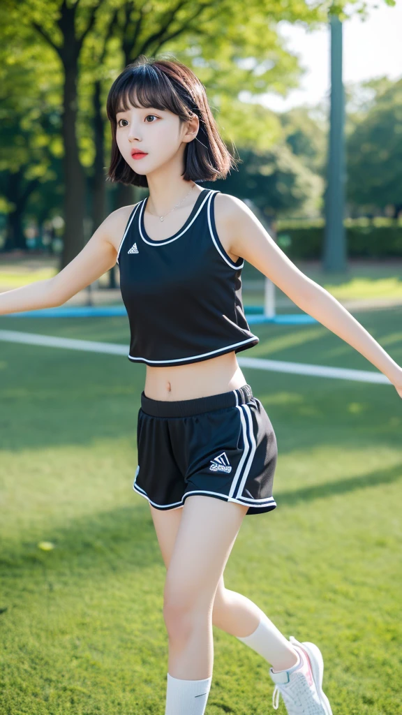 (((Japanese)))(9-year-old girl) ((((9-year-old girlが一人、solo)))) whole body写真 Full Shot Short Hair A low ponytail whole body Thighs (Muscular) (Dark, tanned skin)(Land athletics) Racing Top Racing Shorts cute (smile) Sandy Beach Shot from between the legs Spread your legs Spread your legs