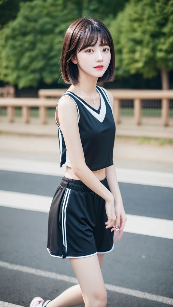 ((best quality)) (( detail face )) ((realistic)) ((perfect face)) A girl. Black short hair. Sprot outfit. short top . Walking along park . sport shoes .full body .