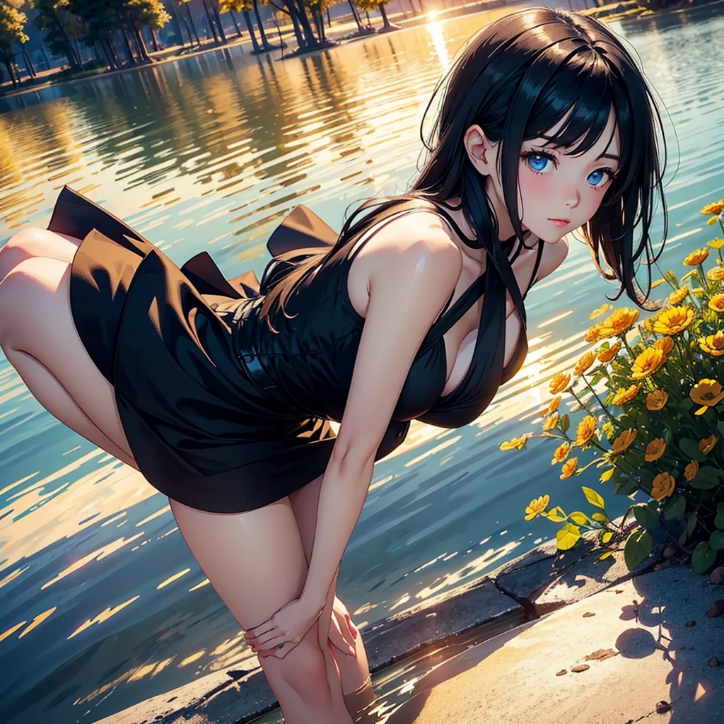 1 girl, serene expression, mesmerizing eyes, straight short black hair, blue eyes, flowing black dress, poised posture, porcelain skin, subtle blush, crystal pendant BREAK golden hour, (rim lighting):1.2, warm tones, sun flare, soft shadows, vibrant colors, painterly effect, dreamy atmosphere BREAK scenic lake, distant mountains, willow tree, calm water, reflection, sunlit clouds, peaceful ambiance, idyllic sunset, ultra detailed, official art, unity 8k wallpaper , zentangle, mandala