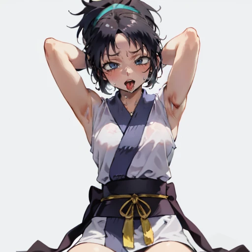 1girl, (masterpiece:1.3), (high resolution), (8K), (extremely detailed), (4k), (pixiv), perfect face, nice eyes and face, (best quality), (super detailed), detailed face and eyes, (solo), textured skin, absurdres, highres, wzkomachine, white eyes, large breasts, sash, bike shorts, short sleeves, bangs, black gloves, fingerless gloves, long hair, black hair,ponytail, japanese clothes, kimono, sitting on floor, looking at viewer,Nipple exposure,Sexy, flirtatious, Solitary, Side breast,eternity, - Hip vents, No underwear,Small Breasts, No eyeballs, Also available in black, low twin braids,Facing the audience, looking at the audience, tired, from below, (Exposed armpit:1.1), ((armpit:1.2)), sexy, Sweating, More and more sweat,(ahegao), (Roll your eyes), Naughty face, blush, open mouth, Sticking out tongue, saliva, Slobber,Skinny, raise arms, (arms above head:1.5)