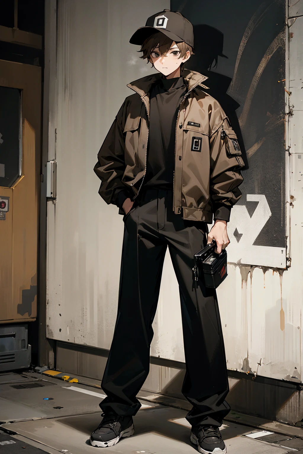 1male, light brown hair, black eyes, black baseball cap, expressionless, spray paint can in hand, baggy brown jacket, black shirt, layered clothing, black pants, city background, detailed background, hands to side, standing on path