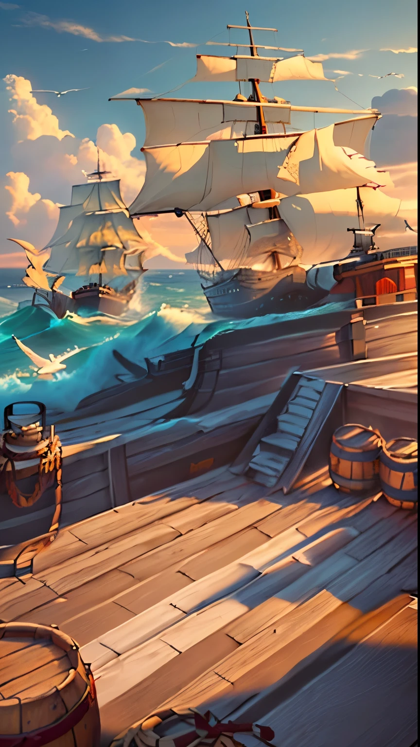 A ship floating on the sea，Barrels and scattered reins were neatly placed on the wooden deck.，In the distance, two ships are floating on the rough sea.，An island in the distance，There is also blue sky, white clouds and seagulls，Natural light，High-definition quality，High-quality posters，