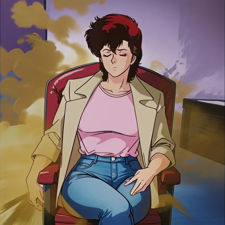 HD, high quality, high resolution, ultrahd,Kaori Makimura, 1female, solo, wearing default outfit, light pink shirt, white coat, wearing coat over tshirt, jeans, default hair, brown hair, very tall body, thin body, massive fart, yellow smoke, velocity, closed eyes, sitting on chair, alone in a room, viewing ass, beautiful lighting, highlights