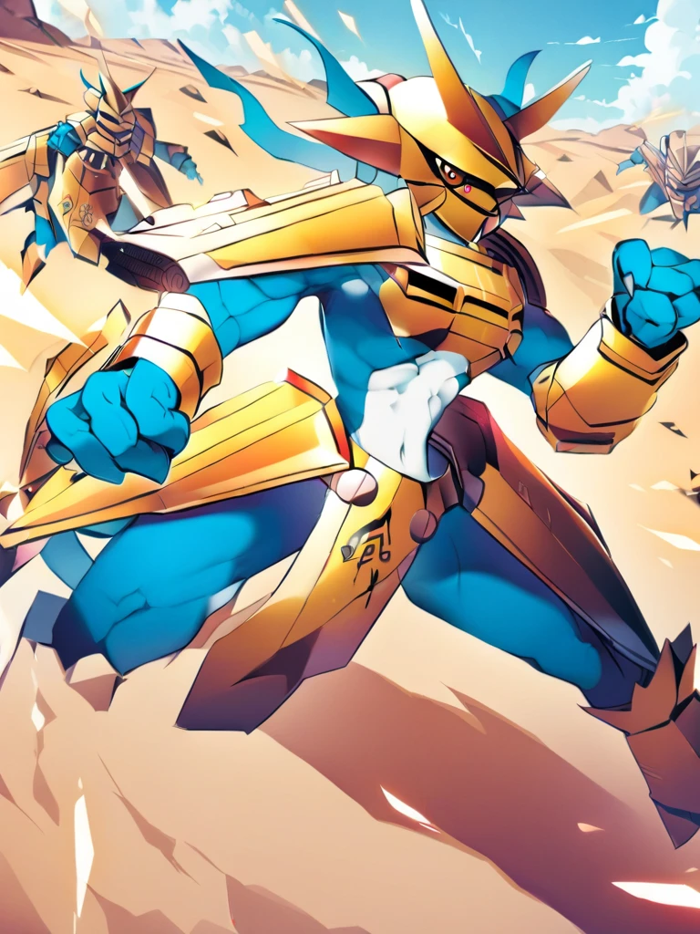 Magnamon,tall, blue and white skin,(battle damaged:1.5),(topless Magnamon:1.8),(armor fragments:1.5),(shirtless:1.5), fighting_stance, in desert ,full_shot