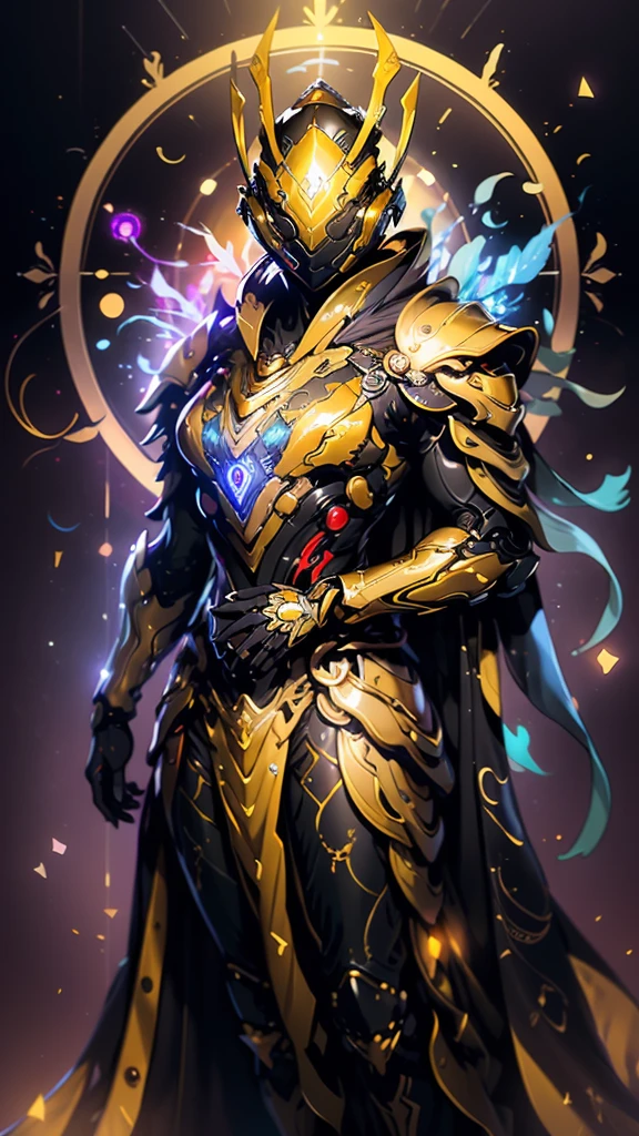 A woman adorned in fantasy-style full-body armor, a crown-concept fully enclosed helmet that unveils only her eyes, a composite layered chest plate, fully encompassing shoulder and hand guards, a lightweight waist armor, form-fitting shin guards, the overall design is heavy-duty yet flexible, (the armor gleams with a golden glow, complemented by red and blue accents), exhibiting a noble aura, she floats above a fantasy-surreal high-tech city, this character embodies a finely crafted fantasy-surreal style armored hero in anime style, exquisite and mature manga art style, (mixture of Queen bee and Spider concept Armor, plasma), ((Element, elegant, goddess, femminine:1.5)), metallic, high definition, best quality, highres, ultra-detailed, ultra-fine painting, extremely delicate, professional, anatomically correct, symmetrical face, extremely detailed eyes and face, high quality eyes, creativity, RAW photo, UHD, 32k, Natural light, cinematic lighting, masterpiece-anatomy-perfect, masterpiece:1.5