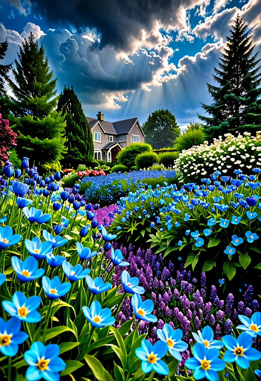 Imagine a soothing scene of joyful loving hearts, each floating serenely in their bubbles amidst a lush garden of vibrant blue flowers.. The petals of these beautiful flowers sway gently in the gentle breeze., adding a sense of calm to a scene. Above them, dark clouds gather in the sky, giving the landscape moody gray-blue tones. However, despite the ominous weather overhead, warm medium light penetrates through the clouds, illuminating the garden and giving a feeling of happiness and satisfaction.