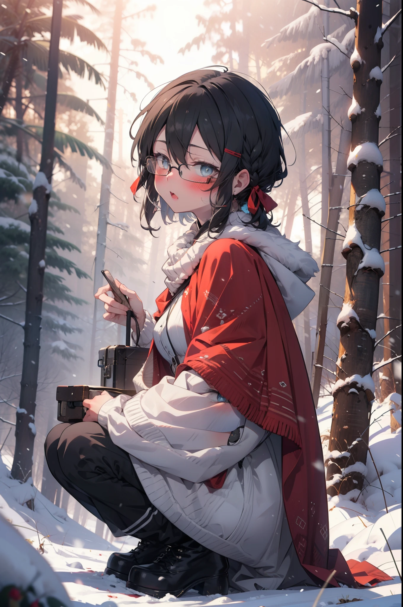 Shino Asada, Shino Asada, (black eye:1.5), Black Hair, Hair between the eyes, Hair Ribbon, short hair, Side Lock, Glasses, (Small breasts:1.2),blush,White Breath,
Open your mouth,snow,Ground bonfire, Outdoor, boots, snowing, From the side, wood, suitcase, Cape, Blurred, having meal, forest, White handbag, nature,  Squat, Mouth closed, Cape, winter, Written boundary depth, Black shoes, red Cape break looking at viewer, Upper Body, whole body, break Outdoor, forest, nature, break (masterpiece:1.2), Highest quality, High resolution, unity 8k wallpaper, (shape:0.8), (Beautiful and beautiful eyes:1.6), Highly detailed face, Perfect lighting, Extremely detailed CG, (Perfect hands, Perfect Anatomy),