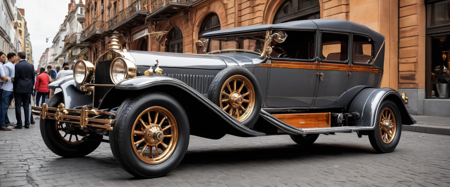 Um carro de corrida steampunk vintage, with details in metallic gray and polished wood, ostenta um spoiler imponente e rodas adornadas com engrenagens. The vehicle is parked in a prominent position, ocupando o centro da cena.