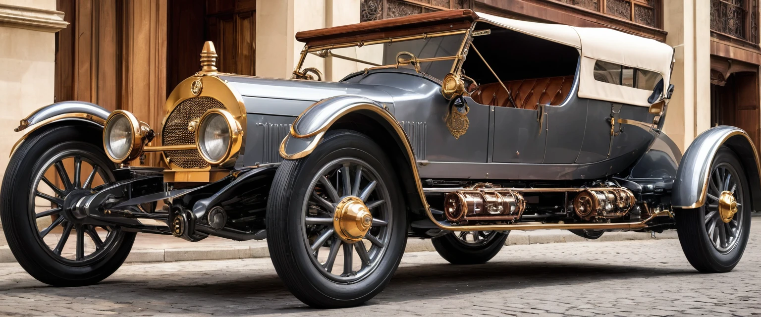 Um carro de corrida steampunk vintage, with details in metallic gray and polished wood, ostenta um spoiler imponente e rodas adornadas com engrenagens. The vehicle is parked in a prominent position, ocupando o centro da cena.