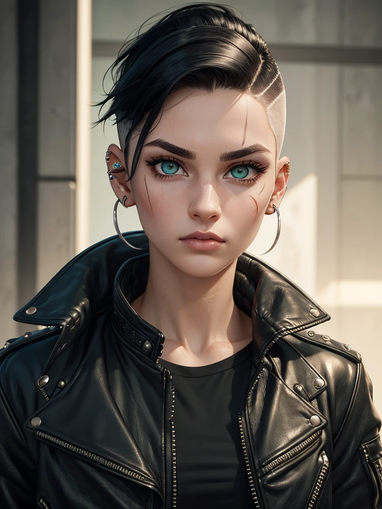 (best quality), 1girl, female, 22 years old, white skin, black hair, medium hair, undercut, green eyes, perfect eyes, scar across eyebrow, clear face, piercings, leather jacket, punk, strong jawline, masterpiece, anatomically correct, highres