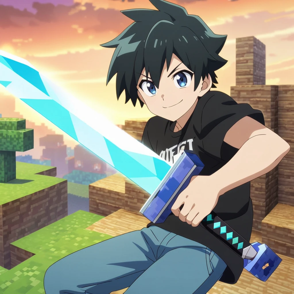 1 cute boy, perfect smile ,style anime,perfect quality, black t-shirt, blue pants, holding sword, Minecraft background, beautiful background,