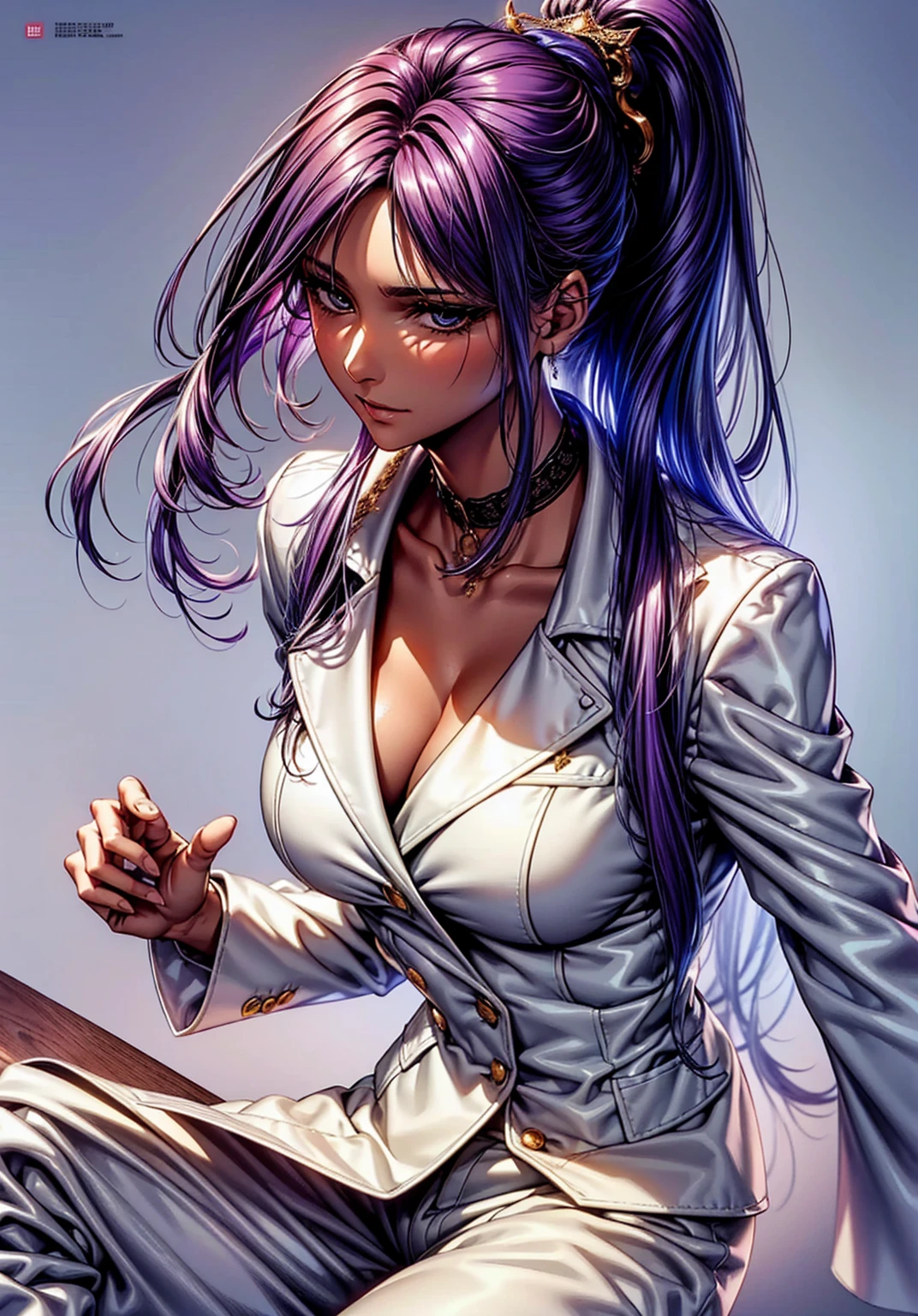 (top quality、masterpiece、very high resolution、Ultra high quality、High quality pixels)、perfect eyes, perfect face, alone，8k, ?????????????, solo, one woman, (Detailed description of hair), (Detailed description of face),(detailed description of body), Fair and translucent skin, gorgeous, long legs, facing the audience, Professional photography lighting，Detailed purple eyeball, dark purple hair, brown skin color, handsome style, Cowboy shot, magazine illustration, fashion clothing, white man suit, long hair, tie, suit pant，ponytail, open collar shirt, confident ssmile