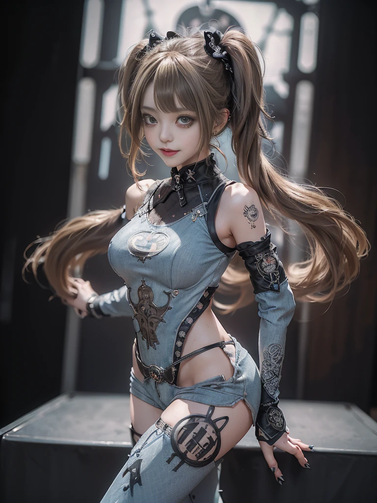 (Full Body View:1.4)、(Full body:1.3)、(Smiling with teeth showing:1.3),(Shibuya Gal:1.5)、(Gothic ta style fashion:1.5)、(Punk RockVisual Kei:1.5)、(Wearing a rhythmic gymnastics bodysuit with intricate details:1.4)、(Racing suit and pants with intricate decorations in white, denim and charcoal:1.5)、(Denim and light blue and white boots:1.3)、((belt))、(Numerous delicate logo marks all over the costume:1.4)、(collar:1.3)、(Polka dot underwear:1.5)、20-year-old、NSFW、((Highest quality、In 8K、masterpiece:1.3))、Sharp focus:1.2、(Layered Cut、Huge boobs:1.1),Beautiful woman with perfect figure:1.4、(do a gravure pose:1.3)、Slender Abs:1.2、Highly detailed face and skin texture、Detailed eyes、double eyelid,(Twin tails:1.3)、(Brown-golden hair:1.3)、Gravure idol、(The background is the stage of the fashion show:1.3)、(Slim body:1.3),(Make your legs thinner:1.4),(clavicle:1.1)