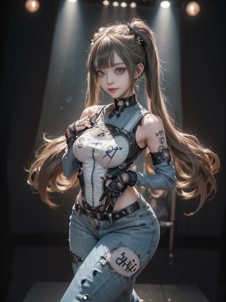 (Full Body View:1.4)、(Side view:1.2)、(Smiling with teeth showing:1.3),(Shibuya Gal:1.5)、(Gothic ta style fashion:1.5)、(Punk RockVisual Kei:1.5)、(Wearing a rhythmic gymnastics bodysuit with intricate details:1.4)、(Racing suit and pants with intricate decorations in white, denim and charcoal:1.5)、(Denim and light blue and white boots:1.3)、((belt))、(Numerous delicate logo marks all over the costume:1.4)、(collar:1.3)、(Striped underwear:1.5)、20-year-old、NSFW、((Highest quality、In 8K、masterpiece:1.3))、Sharp focus:1.2、(Layered Cut、Huge boobs:1.1),Beautiful woman with perfect figure:1.4、(Dancing vigorously:1.3)、Slender Abs:1.2、Highly detailed face and skin texture、Detailed eyes、double eyelid,(Twin tails:1.3)、(Brown-golden hair:1.3)、Gravure idol、(The background is the stage of the fashion show:1.3)、(Slim body:1.3),(Make your legs thinner:1.4),(clavicle:1.1)、(Thin and slim thighs:1.3)