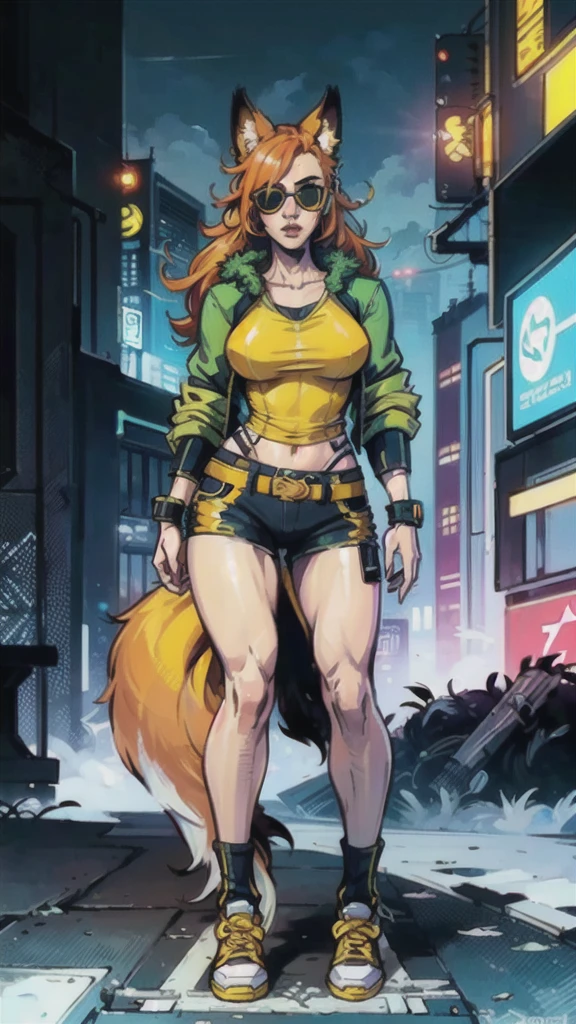Masterpiece, ultra-detailed, (1girl, solo, Skinny fox girl, yellow sunglasses, green jacket, black shorts, yellow sneakers, orange hair, fox tail), (detailed clothes, detailed fur texture, detailed face), (cyberpunk, city background, detailed background), intricate details