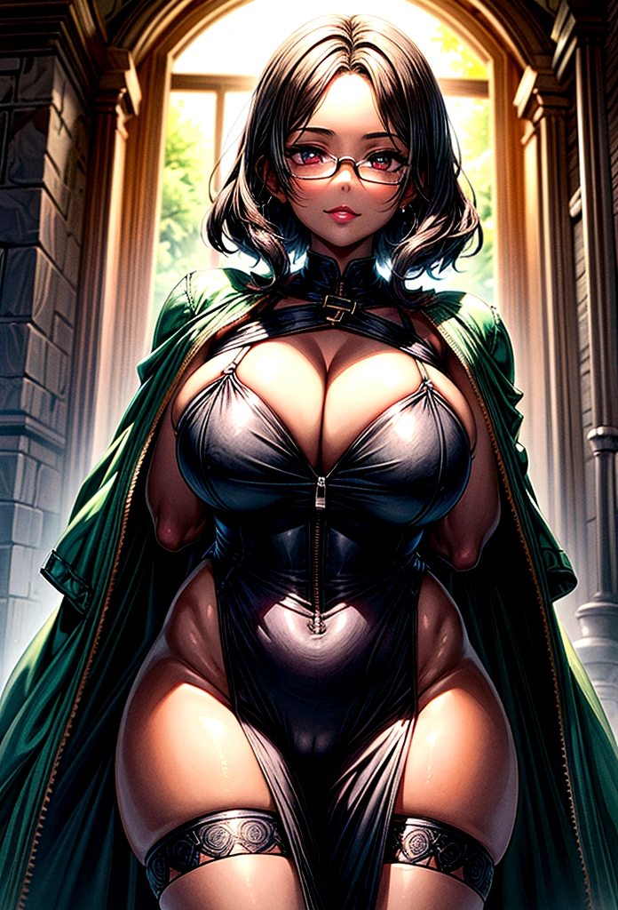 Perscription glasses, dark skin, short wavy hair, light orange eyes, dark lip stick, dark lip gloss, athletic, cleavage, smirking, wide eyes, green medieval cloak, steel armor, thick thighs, hands behind back, standing, facing viewer