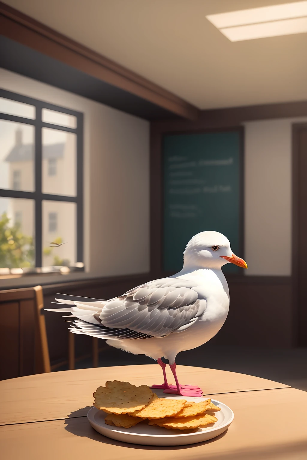 A seagull standing on a table, pecking at chips on a plate in a restaurant setting, bathed in natural light. The scene is highly detailed and vivid, with a focus on the intricate feathers and beak of the seagull, the texture of the chips, and the surrounding indoor environment. The image quality is top-notch, with an emphasis on ultra-detailed realism and sharp focus. The medium is a hyper-realistic painting, capturing the essence of the moment with studio lighting enhancing the overall composition. Colors are vibrant and the lighting accentuates the scene.