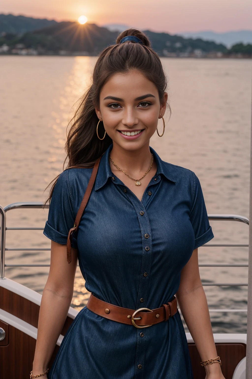 Half-length glamour portrait, nikon D850, f1.6 lens, 200mm, DSLR, 22 Megapixels, (((luxury Yacht at Sunset scene))), shot of a stunning 20 years old portuguese girl, (smile:1.4), (wearing cobalt blue Denim shirt dress with leather belt:1.6), ((seductive pose)), hot girl, (((big natural breasts))), (((brown ponytail hair))), (small girl), symmetrical face, photorealistic, photography, (bright natural lighting), gorgeous, deep cleavage, (masterpiece), best quality, high resolution, extremely detailed, cinematic lighting, (((very narrow waist))), rich colors, hyper realistic, lifelike texture, ((jewelry)), (((She has beautiful hands and wears rings))), (bracelet), (necklace), (ankle chain), (nail polish) (earrings), Fuji Superia 200, 8k
