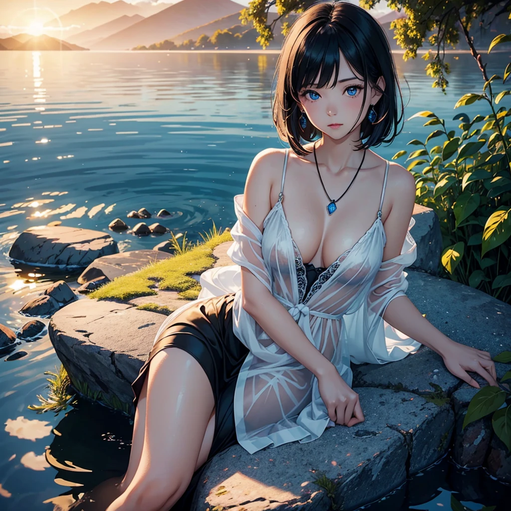 1 girl, serene expression, mesmerizing eyes, straight short black hair, blue eyes, flowing black dress, poised posture, porcelain skin, subtle blush, crystal pendant BREAK golden hour, (rim lighting):1.2, warm tones, sun flare, soft shadows, vibrant colors, painterly effect, dreamy atmosphere BREAK scenic lake, distant mountains, willow tree, calm water, reflection, sunlit clouds, peaceful ambiance, idyllic sunset, ultra detailed, official art, unity 8k wallpaper , zentangle, mandala