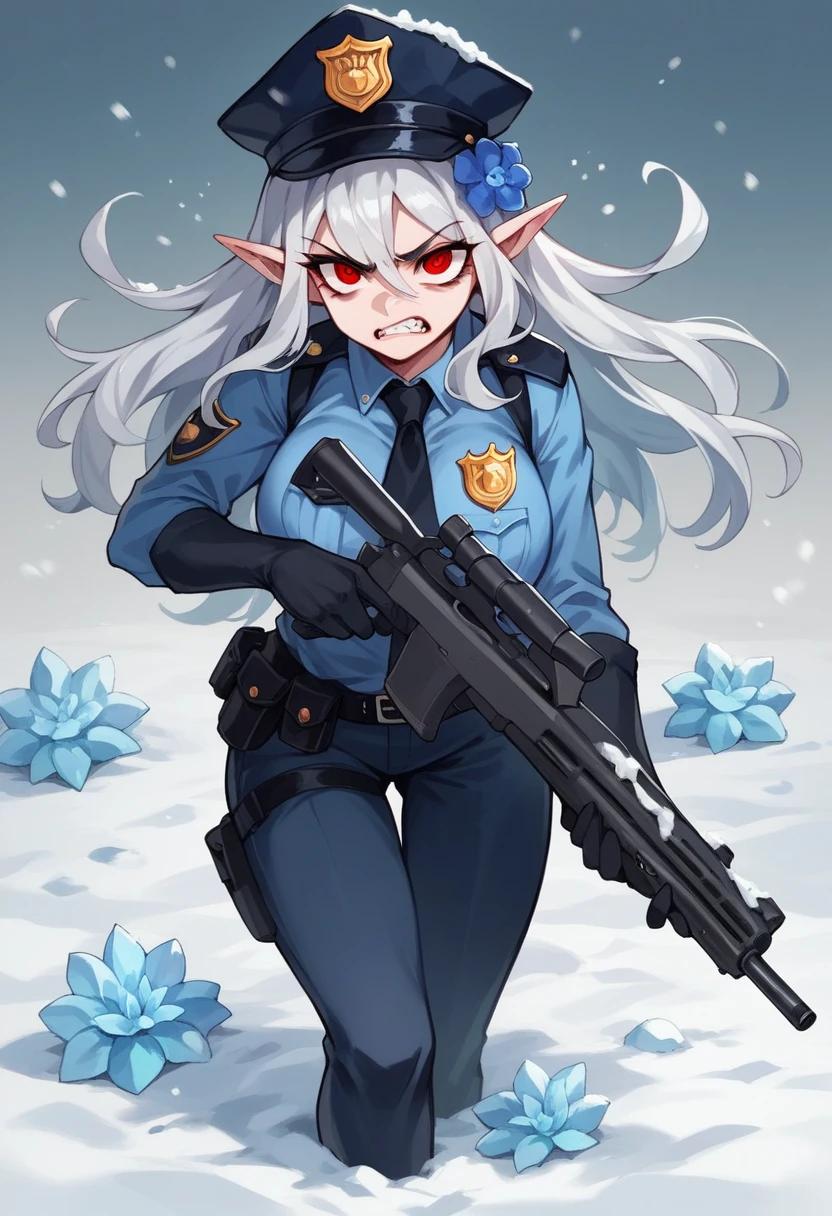 NSFW,((Perfect human body)),One girl, Red eyes, Wavy silver hair, Pointed Ears, vampire, Drooping eyes,Police uniform,Angry expression,Police hat,Mobile Task Force Equipment,Big Breasts,Hair Flowers, snow, ice, whole body,Ready a rifle
