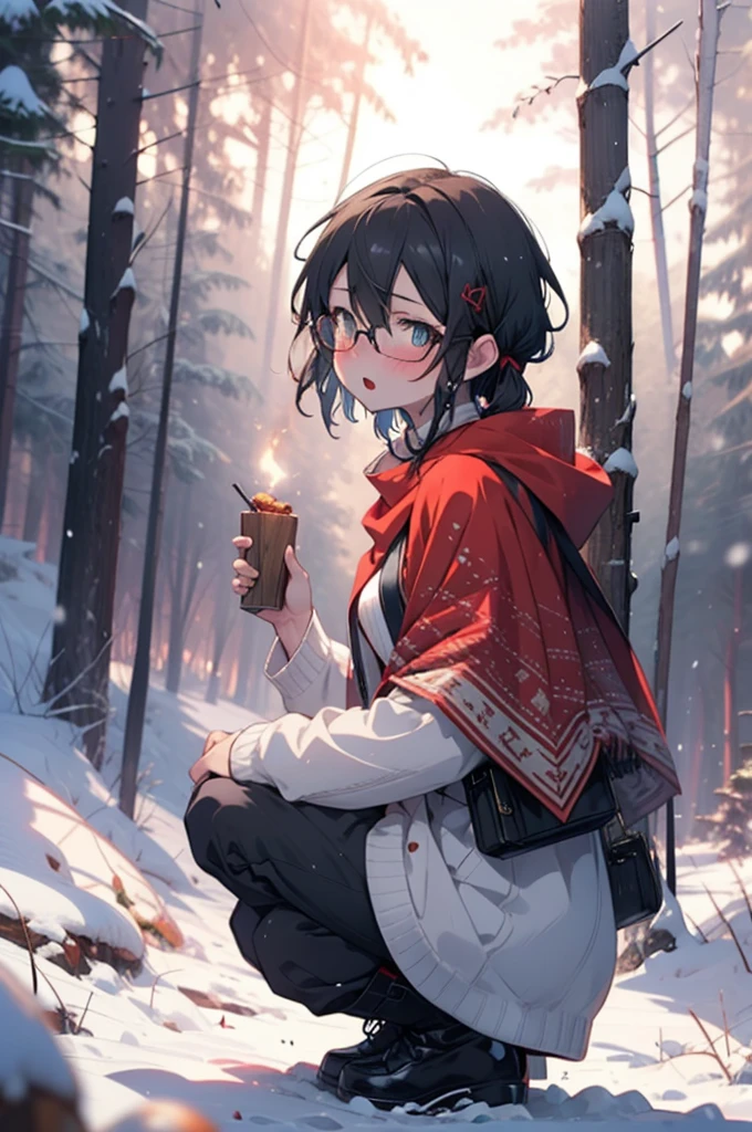 Shino Asada, Shino Asada, (black eye:1.5), Black Hair, Hair between the eyes, Hair Ribbon, short hair, Side Lock, Glasses, (Small breasts:1.2),blush,White Breath,
Open your mouth,snow,A bonfire on the ground, Outdoor, boots, snowing, From the side, wood, suitcase, Cape, Blurred, having meal, forest, White handbag, nature,  Squat, Mouth closed, Cape, winter, Written boundary depth, Black shoes, red Cape break looking at viewer, Upper Body, whole body, break Outdoor, forest, nature, break (masterpiece:1.2), Highest quality, High resolution, unity 8k wallpaper, (shape:0.8), (Beautiful and beautiful eyes:1.6), Highly detailed face, Perfect lighting, Extremely detailed CG, (Perfect hands, Perfect Anatomy),