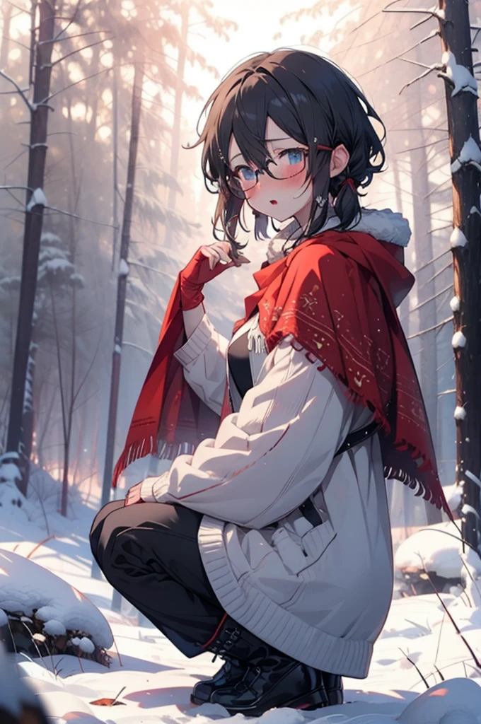 Shino Asada, Shino Asada, (black eye:1.5), Black Hair, Hair between the eyes, Hair Ribbon, short hair, Side Lock, Glasses, (Small breasts:1.2),blush,White Breath,
Open your mouth,snow,A bonfire on the ground, Outdoor, boots, snowing, From the side, wood, suitcase, Cape, Blurred, having meal, forest, White handbag, nature,  Squat, Mouth closed, Cape, winter, Written boundary depth, Black shoes, red Cape break looking at viewer, Upper Body, whole body, break Outdoor, forest, nature, break (masterpiece:1.2), Highest quality, High resolution, unity 8k wallpaper, (shape:0.8), (Beautiful and beautiful eyes:1.6), Highly detailed face, Perfect lighting, Extremely detailed CG, (Perfect hands, Perfect Anatomy),