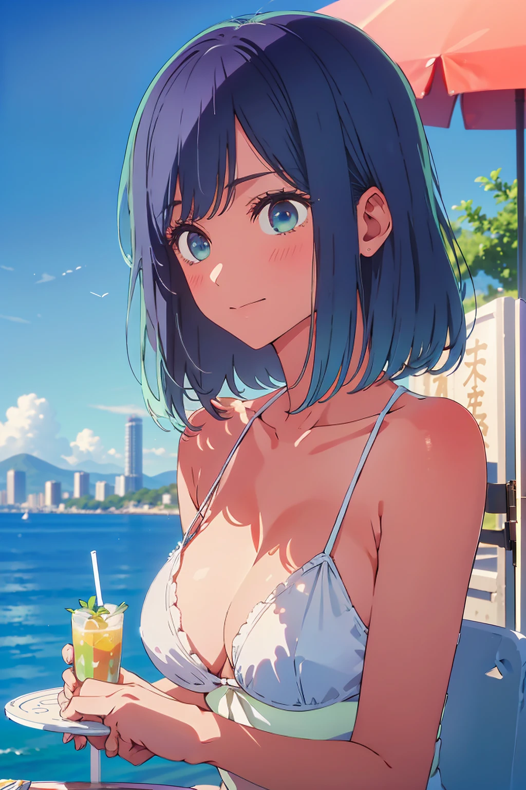 Highest quality,8k,detailed,F cup bust、Big Breasts、Very cute face、Slim and beautiful arms、Slim body、Very white beautiful skin、((((1 person、looking at the camera、smile、Thin white bikini、smile、sit、In the background are the urban buildings of Tokyo、Outdoor café terrace、Drink juice、Cheek resting on hand、coastal、table、Shooting from a distance))))、I can see the deep blue sky、She tilted her head slightly、The atmosphere is bright and lively、The woman is at the center of the image。