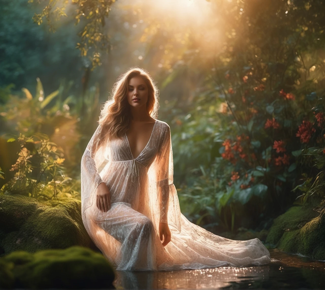cinematic photo photo realistic full body erotic photo of (gorgeous young woman:1.125) wearing see-through nightie, innocent European woman (playful expression:0.9) with hands raised artistically, (natural skin texture, wet moist skin, pokies:1.275), forest nymphs in background, early morning soft lighting, virgin misty jungle milky mist, undressed bottomless girl, (hidden pathways, intricate fantastic flowers, (intricate realistic flame:1.125):1.15), (light leaks, light flares and caustics, subsurface light scattering, (swirly bokeh:1.125), depth of field, (analog film grain:1.125):0.93) . 35mm photograph, film, bokeh, professional, 4k, highly detailed
