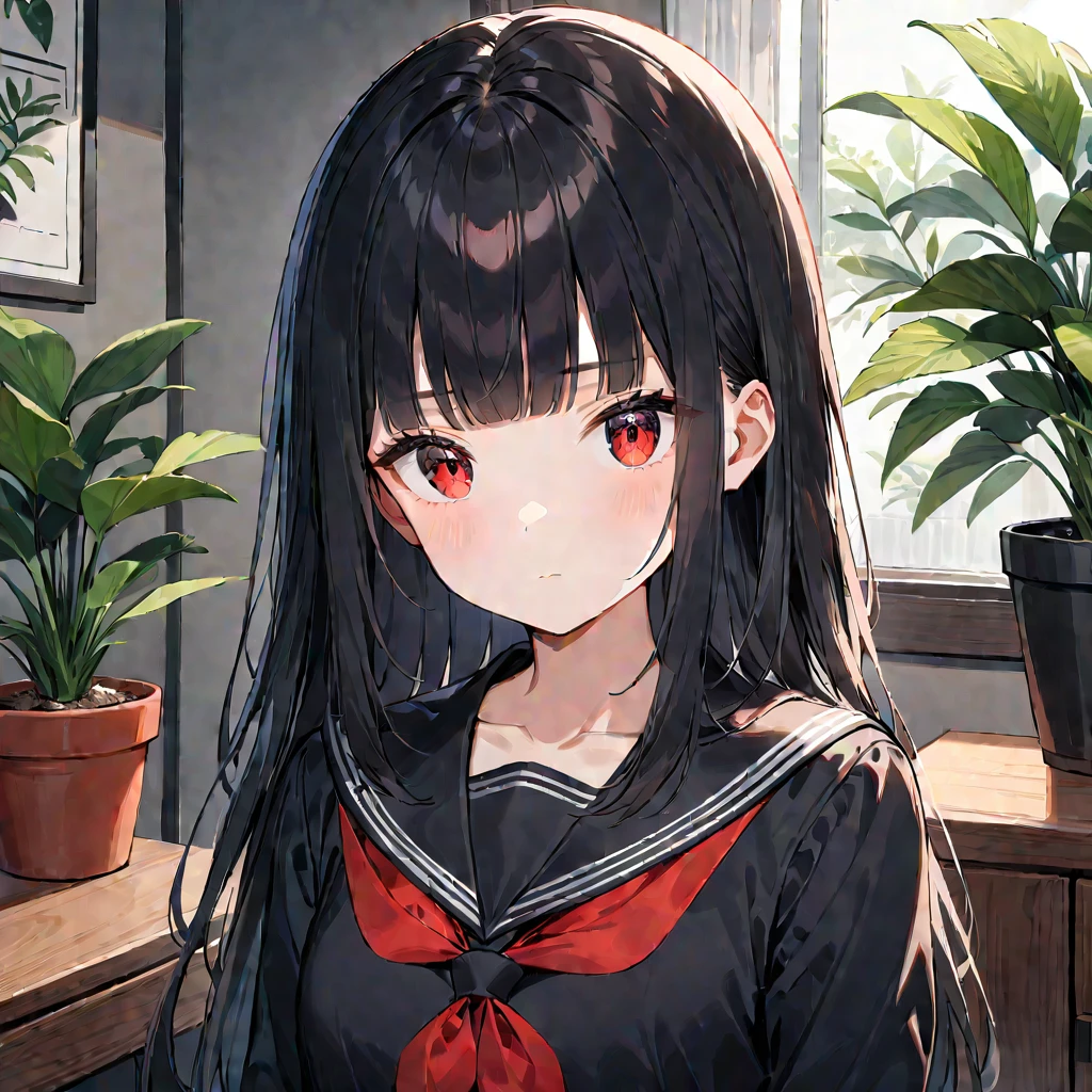 1girl, solo, , black hair, red eyes, looking at viewer, serafuku, bangs, plant, long hair, indoors, black serafuku, upper body, sailor collar, closed mouth, neckerchief, blunt bangs, red neckerchief, black sailor collar, potted plant, collarbone | 1, (medium quality), 1girl, solo, , black hair, red eyes, looking at viewer, serafuku, bangs, plant, long hair, indoors, black serafuku, upper body, sailor collar, closed mouth, neckerchief, blunt bangs, red neckerchief, black sailor collar, potted plant, collarbone | 1, (medium quality)