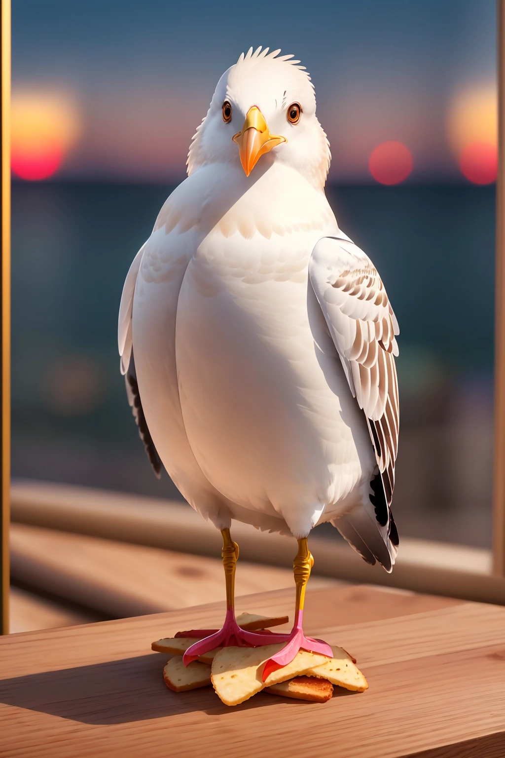 Seagull standing on a table, pecking at fries, realistic,illustration,(best quality,4k,8k, highres,masterpiece:1.2),ultra-detailed,(photorealistic:1.37),vivid colors,portraits,studio lighting,bokeh,texture details,crisp details,shiny beak,feathers texture,golden sunset colors,soft shadows
