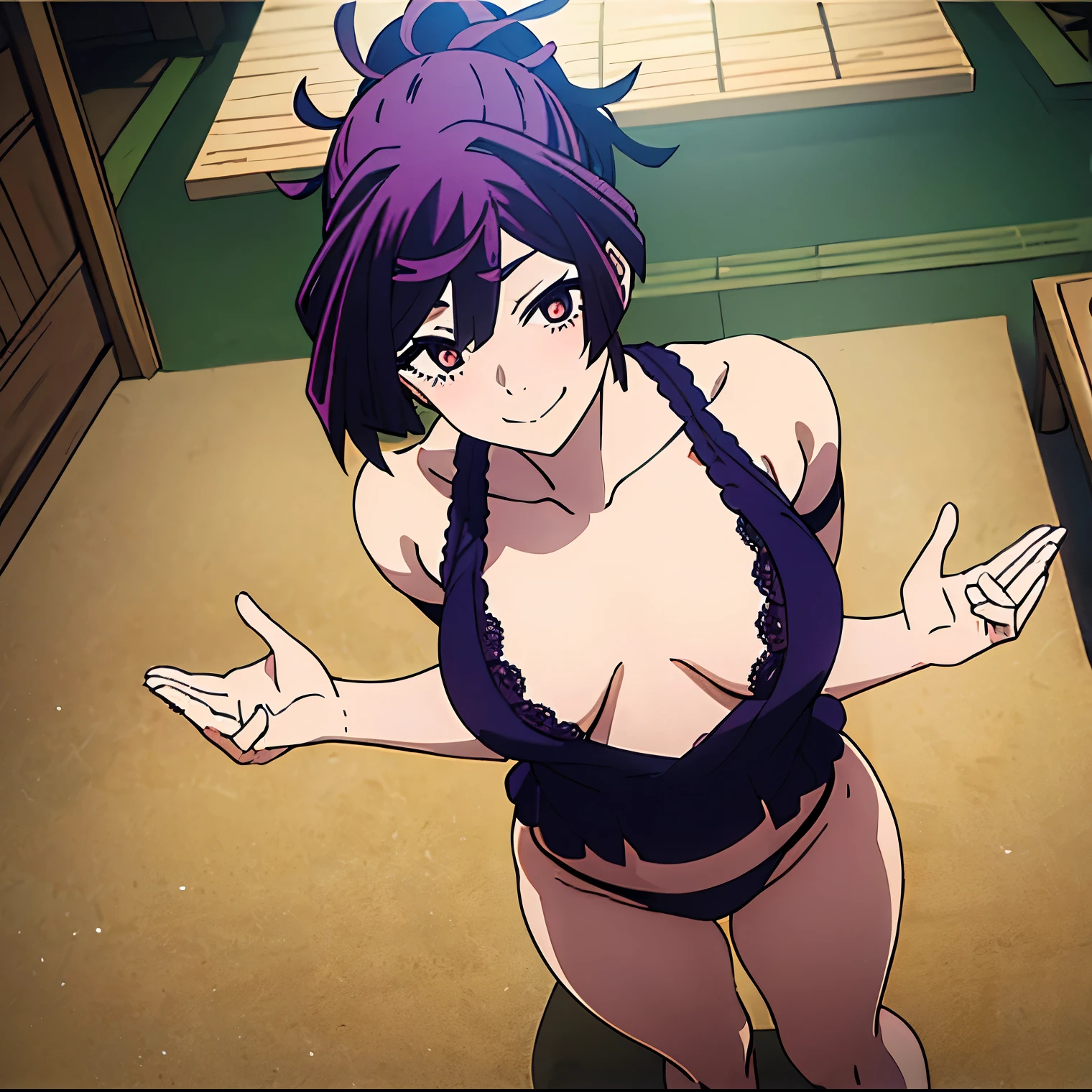 1 girl, alone, yuzuriha (jigokuraku), best quality, masterpiece, ultra detailed, sharp lighting, super detailed eyes, soft smooth skin, fair skin, Looking at viewer, (tilted: 1.2), purple hair, brown eyes, ((purple lingerie with black lace)),((two-piece lingerie)), cleavage, medium breasts, medium waist, wide hips, wide thighs, bun, medium hair, ((separated breasts)), seductive smile, (blush : 1.1), sexy body, dynamic posture, curvy body, facing front, focus on breasts, point of view (from above), standing, ancient Japanese art, Japanese interior, temple, sengoku period, city (NSFW 1.5 ), good body physiognomy, perfect anatomy, 5 fingers on the palm, perfect hands