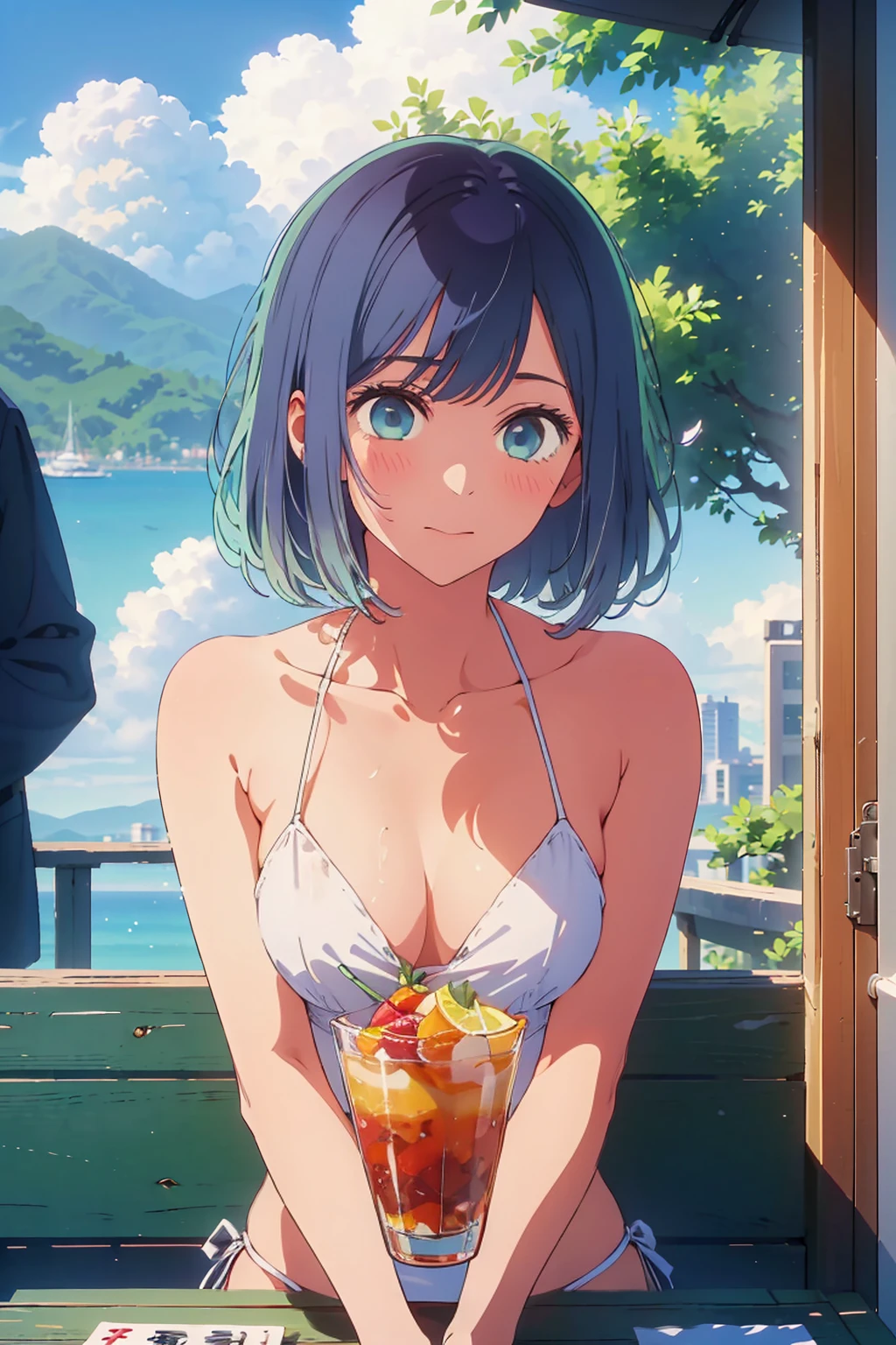 Highest quality,8k,detailed,F cup bust、Big Breasts、Very cute face、Slim and beautiful arms、Slim body、Very white beautiful skin、((((1 person、looking at the camera、smile、Thin white bikini、smile、sit、In the background are the urban buildings of Tokyo、Outdoor café terrace、Drink juice、Cheek resting on hand、coastal、table、Shooting from a distance))))、I can see the deep blue sky、She tilted her head slightly、The atmosphere is bright and lively、The woman is at the center of the image。
