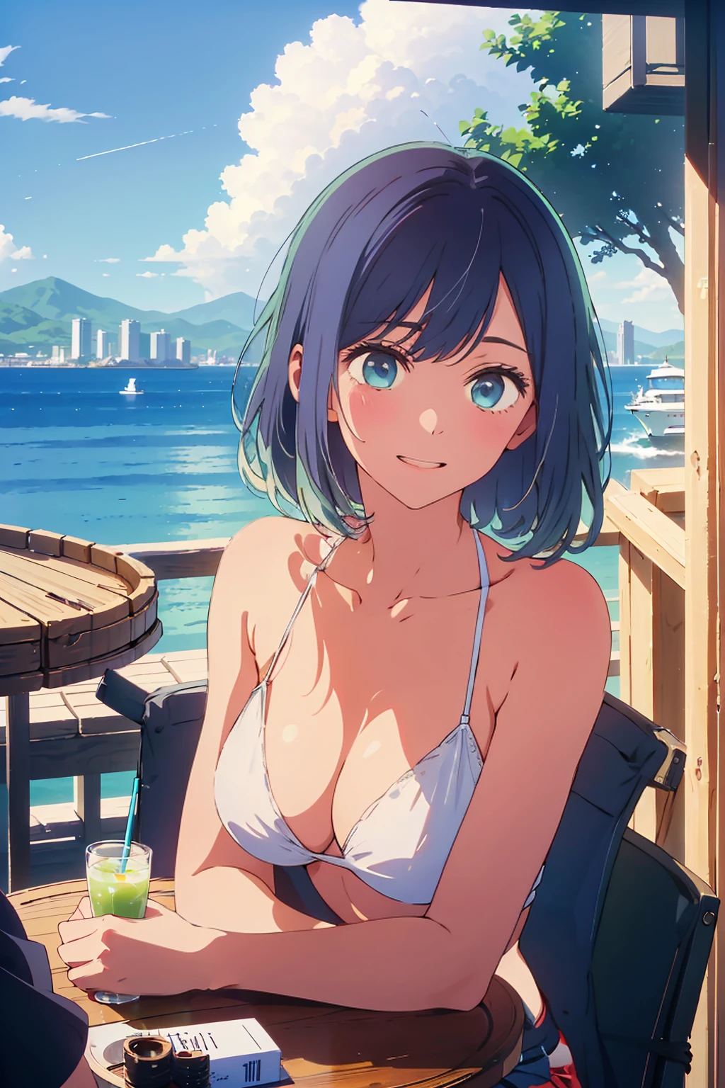 Highest quality,8k,detailed,F cup bust、Big Breasts、Very cute face、Slim and beautiful arms、Slim body、Very white beautiful skin、((((1 person、looking at the camera、smile、Thin white bikini、smile、sit、In the background are the urban buildings of Tokyo、Outdoor café terrace、Drink juice、Cheek resting on hand、coastal、table、Shooting from a distance))))、I can see the deep blue sky、She tilted her head slightly、The atmosphere is bright and lively、The woman is at the center of the image。
