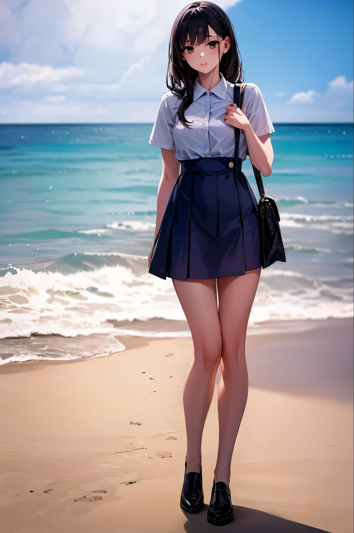 1 girl,alone,blue sky, Ocean, Short skirt, (Highly detailed background:1.0), (Highly detailed background:1.0),