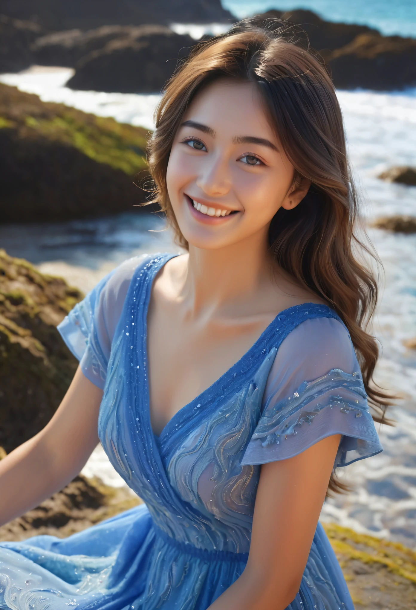 (best quality,4k,8k,highres,masterpiece:1.2),ultra-detailed,(Ultra-realistic, photorealistic,photo-realistic:1.37), 1 beautiful young Japanese Italian half model, yo, smiling seductively, sitting on coral coast in Australia, detailed eyes, high nose, blue eyes, delicate facial features, long eyelashes, peaceful expression, colorful dress, detailed folds and textures, Sparkling Waves, warm vibrant colors, cinematic lighting, 8k, high quality, photorealistic, masterpiece, studio lighting, detailed texture, vivid colors