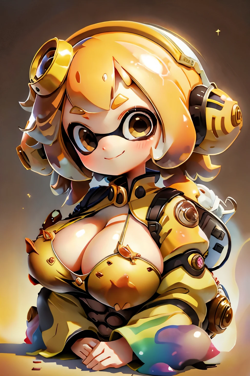 plastic, Splatoon Girl, Little, amber, Twin Drill Tentacle Hair, Medium Brown, Golden Eyes、Big and cute eyes、gigantic breast、Cleavage、Luxury Fabric, Dithering, Widespread,View your viewers, smile、Striped Background