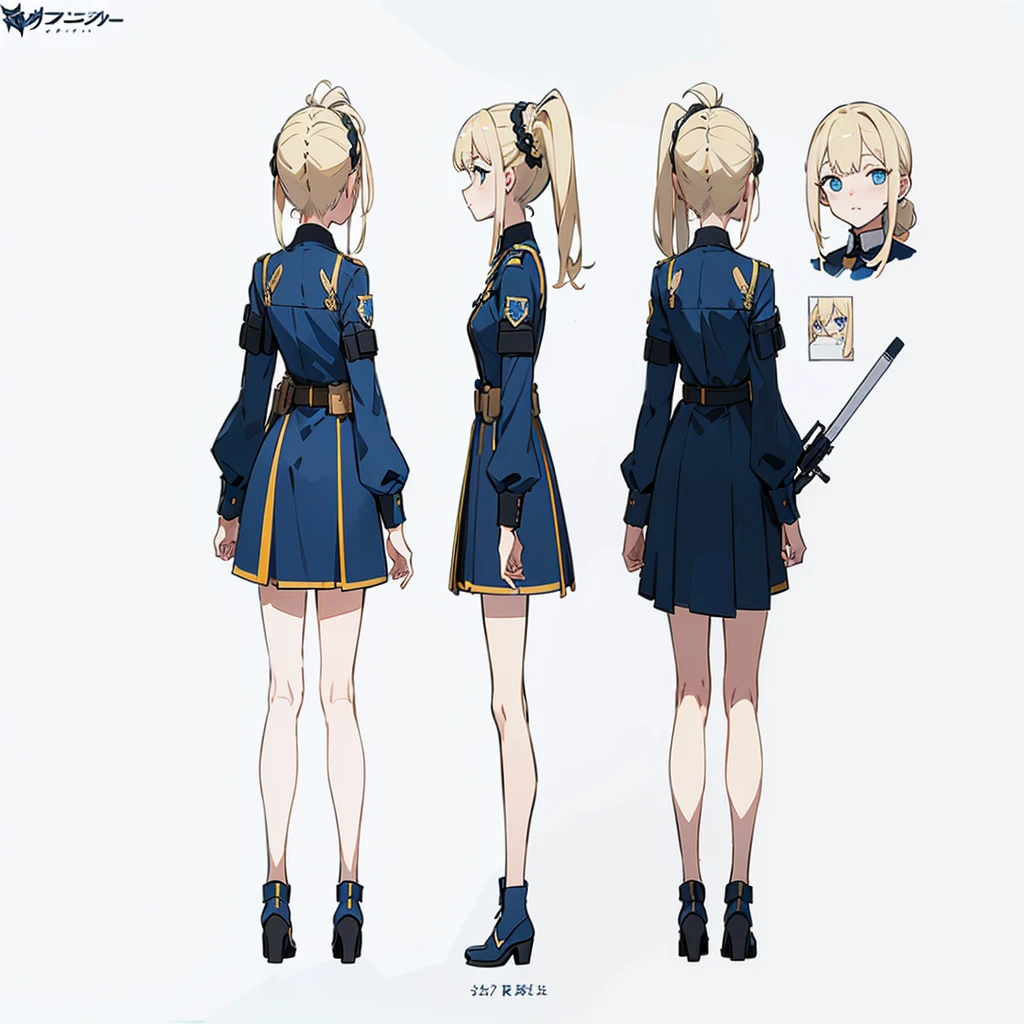 (masterpiece, best quality) police girl ,blonde hair ponytail,blue eye,((character design sheet, same character, full body, 3views, front, side, back))