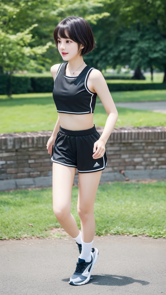 ((best quality)) (( detail face )) ((realistic)) ((perfect face)) A girl. Black short hair. Sprot outfit. short top . Walking along park . sport shoes .full body .