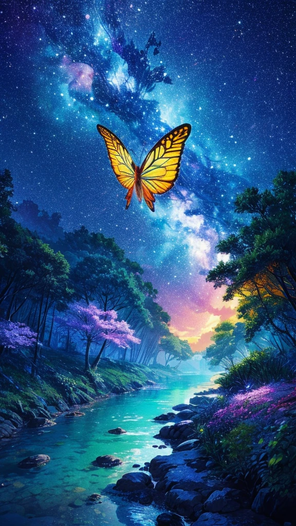 Cute girl characters、Describe the scene of leaf butterflies flying on the water, Looking at the stars. Surround her with colorful nebulae and colorful forests.