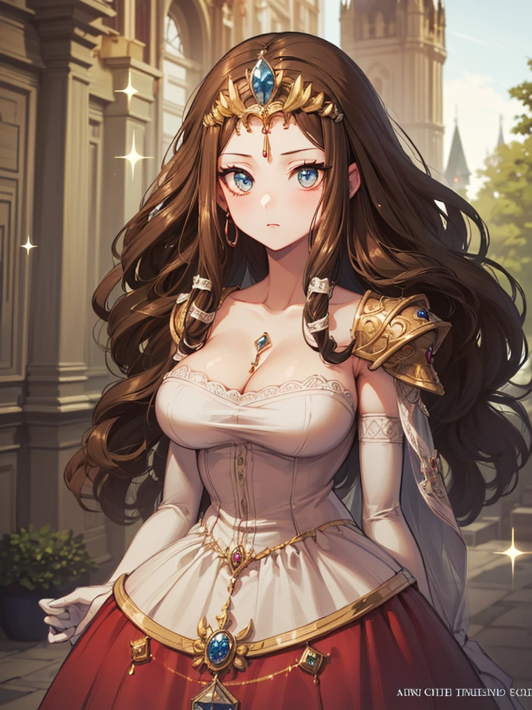 ((Dark brown hair)),Anime art style,masterpiece,(Highest quality), (Very detailed),(Very delicate and beautiful),(alone),((whole body portrait)),whole body,whole body portrait,(Detailed face and eyes),Beautiful eyes like jewels,(A truly gorgeous jeweled ruffled rococo ball gown dress),(((Mature Woman,Queen))),((1 Queen in a beautiful embroidery and jeweled absolutely gorgeous rococo ballgown dress with voluminous full length hoop skirt)),((crinoline)),Absolutely gorgeous highly detailed rococo ball gown dress with ruffled voluminous full length hoop skirt,((Straight hair galore,Very long straight hair with plenty of volume,Super long straight hair)),(Huge boobs),Cleavage,(Fantasy Castle,Outdoor,Outside the castle),length_gloves,Very gorgeous hair accessory,Sparkling、A gorgeous jewel-studded tiara,((Gorgeous Glitter Jewelry)),whole body portrait