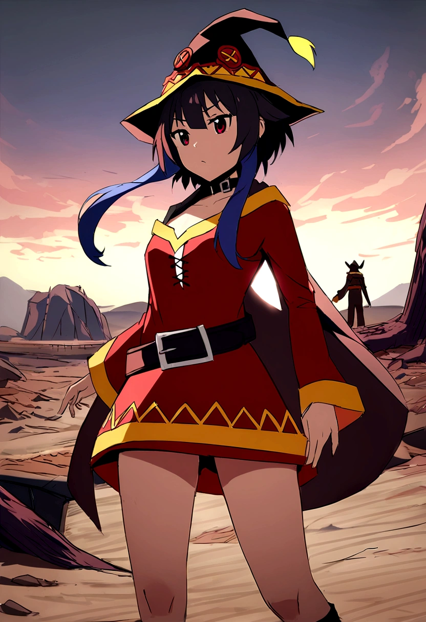 Roxy, Megumin, anime clothing, Sentadas, viendo al espectador, Demonic environment, seeing the infernal wasteland, super calidad 4k.