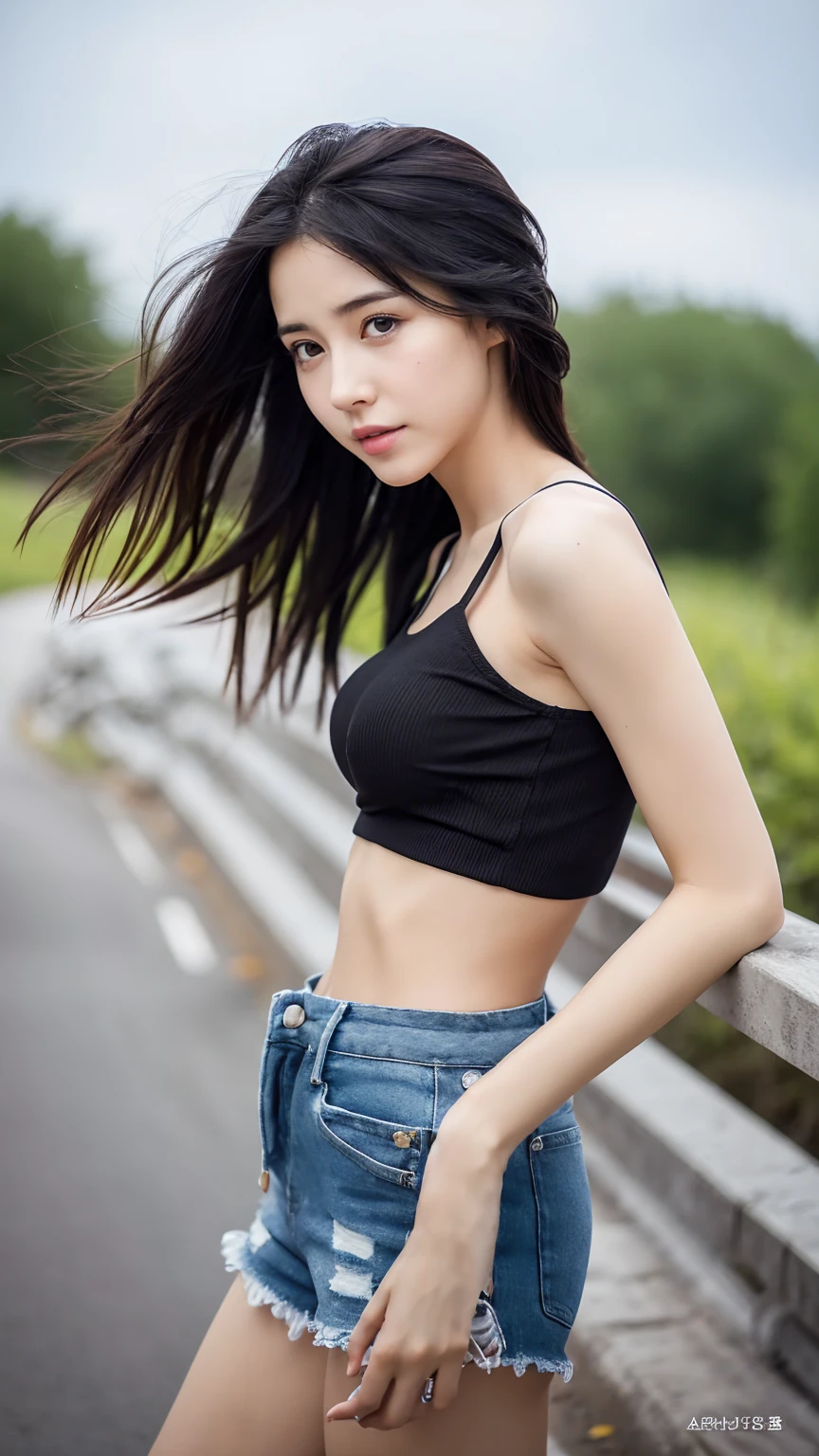 masterpiece,best quality,ultra detailed,highres,high-resolution,4k,realistic,RAW photo,((real person)),portrait photography,photorealistic,detailed skin,(delicate black eyes ), A soothing woman with sagging eyes,Calm and calm, middle hair,skinny,clothing,The wind is blowing,tareme、(gigantic breasts)、Small tank top、Cut-off shorts、Walking