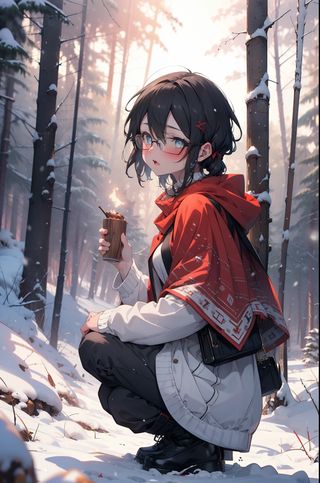 Shino Asada, Shino Asada, (black eye:1.5), Black Hair, Hair between the eyes, Hair Ribbon, short hair, Side Lock, Glasses, (Small breasts:1.2),blush,White Breath,
Open your mouth,snow,A bonfire on the ground, Outdoor, boots, snowing, From the side, wood, suitcase, Cape, Blurred, having meal, forest, White handbag, nature,  Squat, Mouth closed, Cape, winter, Written boundary depth, Black shoes, red Cape break looking at viewer, Upper Body, whole body, break Outdoor, forest, nature, break (masterpiece:1.2), Highest quality, High resolution, unity 8k wallpaper, (shape:0.8), (Beautiful and beautiful eyes:1.6), Highly detailed face, Perfect lighting, Extremely detailed CG, (Perfect hands, Perfect Anatomy),