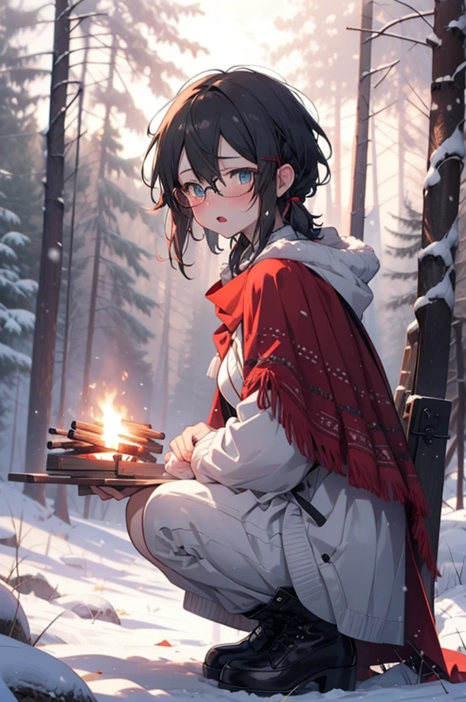 Shino Asada, Shino Asada, (black eye:1.5), Black Hair, Hair between the eyes, Hair Ribbon, short hair, Side Lock, Glasses, (Small breasts:1.2),blush,White Breath,
Open your mouth,snow,A bonfire on the ground, Outdoor, boots, snowing, From the side, wood, suitcase, Cape, Blurred, having meal, forest, White handbag, nature,  Squat, Mouth closed, Cape, winter, Written boundary depth, Black shoes, red Cape break looking at viewer, Upper Body, whole body, break Outdoor, forest, nature, break (masterpiece:1.2), Highest quality, High resolution, unity 8k wallpaper, (shape:0.8), (Beautiful and beautiful eyes:1.6), Highly detailed face, Perfect lighting, Extremely detailed CG, (Perfect hands, Perfect Anatomy),