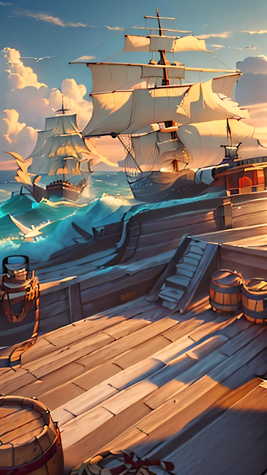 A pirate ship drifting on the sea,Barrels and scattered reins were neatly placed on the wooden deck.,In the distance, two ships are floating on the rough sea.,An island in the distance,There is also blue sky, white clouds and seagulls,Natural light,High-definition quality,High-quality posters,
