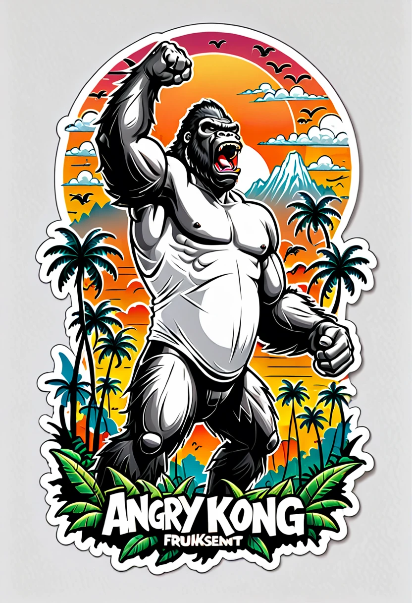 (((a sticker))), (((white background))),splash art, intricately detailed t-shirt design ready for print , 2d, ONE angry wild shouting furious  HUGE KING KONG in foreground, Jungle sunset at the background, vibe detailed design for streetwear and urban style t-shirts design, pro vector, (cel-shading style:1.3), inkpunk, (ink lines:1.1), strong outlines, bold traces, high contrast, (cel-shaded:1.1), vector, 32k resolution, best quality, flat lights,vector t-shirt art ready for print, intricate rich extremely complex ornaments illustration, extremely detailed and complex illustration, high detail, clean lines style, intricate high details, (((white plain background)))