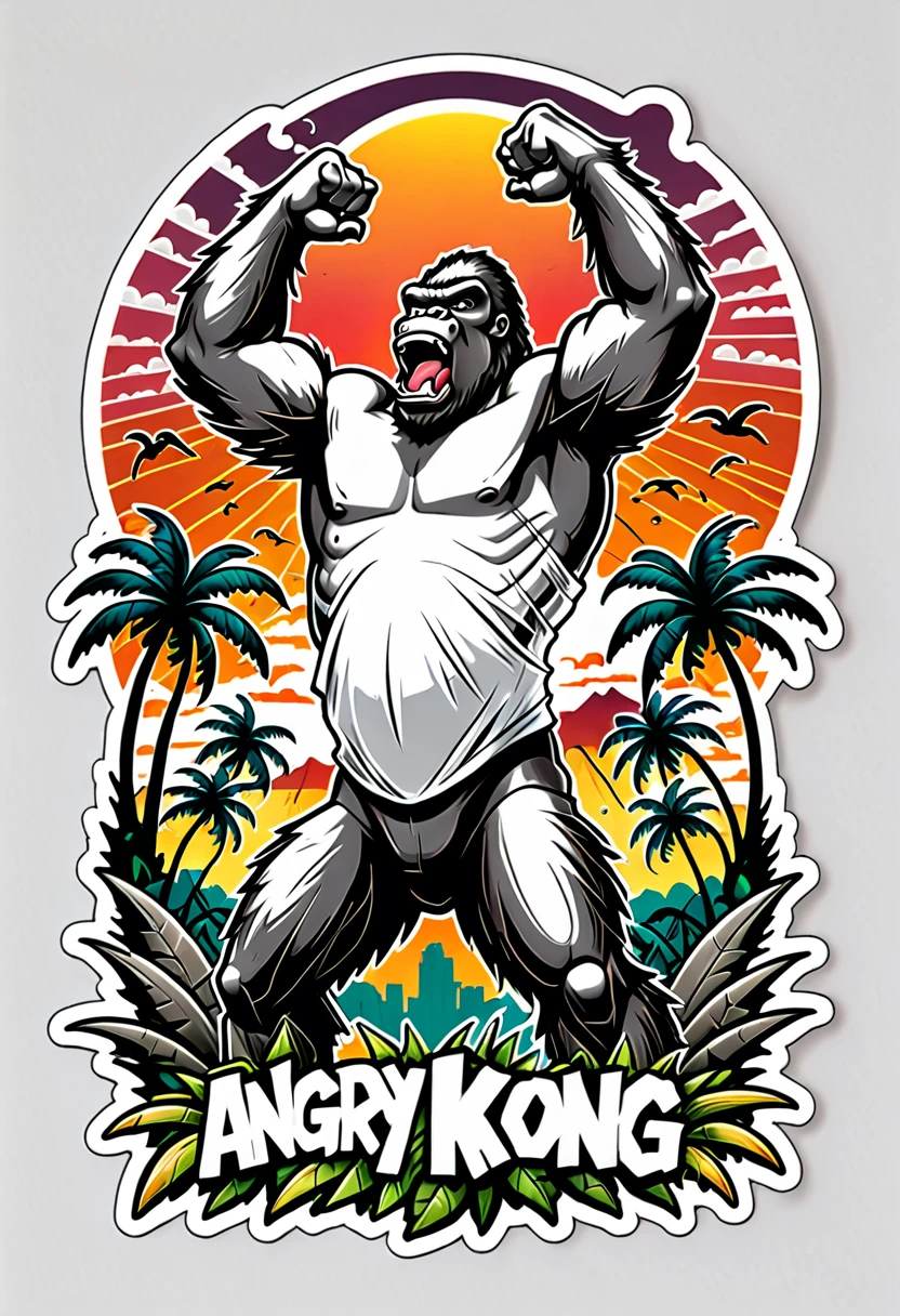 (((a sticker))), (((white background))),splash art, intricately detailed t-shirt design ready for print , 2d, ONE angry wild shouting furious  HUGE KING KONG in foreground, Jungle sunset at the background, vibe detailed design for streetwear and urban style t-shirts design, pro vector, (cel-shading style:1.3), inkpunk, (ink lines:1.1), strong outlines, bold traces, high contrast, (cel-shaded:1.1), vector, 32k resolution, best quality, flat lights,vector t-shirt art ready for print, intricate rich extremely complex ornaments illustration, extremely detailed and complex illustration, high detail, clean lines style, intricate high details, (((white plain background)))