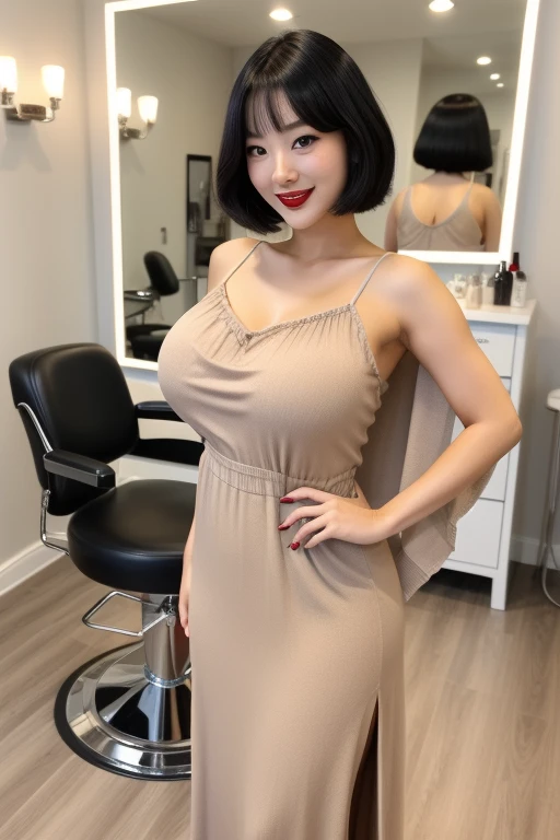 A young korean beautiful girl, 26-year-old, sexy girl, strikingly beautiful, black hair, pin up hairstyle, (big breasts:1.2), delicate facial features, porcelain skin, red lips, expressive eyes, ((awe and joy expression)), sexy hairdresser, ((girl wearing thick beige maxi knit camisole dress)), tight one-piece mini skirt, skin tight, standing, working, barber chair,cape,salon, floor, haircut, confidence, haircutting tools, mirror, scissors, hair salon ambiance, professional hairstylist, comfortable seating, clean surroundings, fresh haircut, salon cape, hair clippings, hairdressing, salon atmosphere, trendy salon, hair transformation, haircutting experience, salon chair, stylish haircut, hair texture, hair salon equipment, hair salon floor, slim waist, wide hip, (wide shot:1.2),