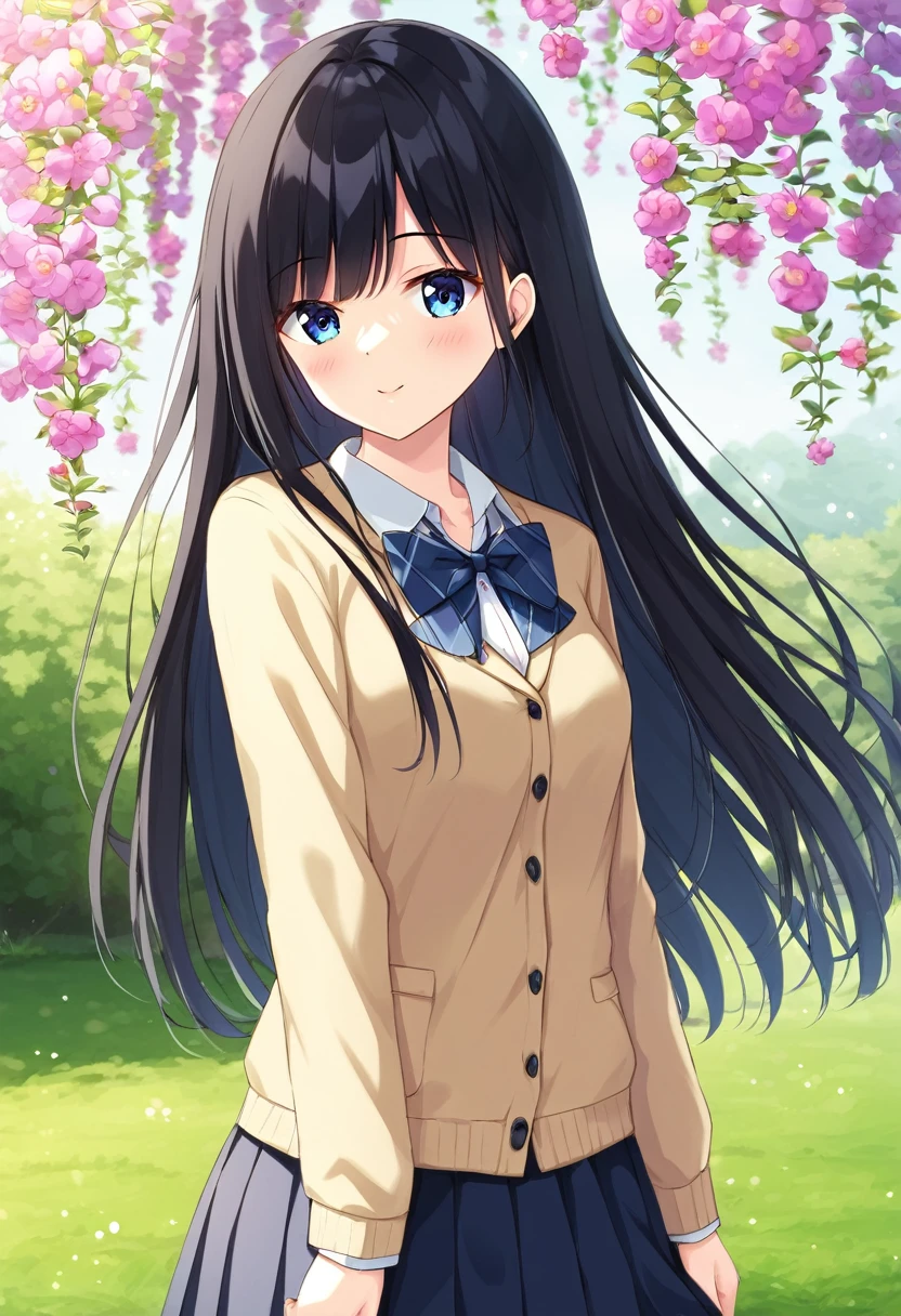  Masterpiece, best quality, ultra high quality, highres, wallpaper 8k, 1girl, solo, long hair, black hair, Bangs, blue eyes, school uniform, standing, garden background,