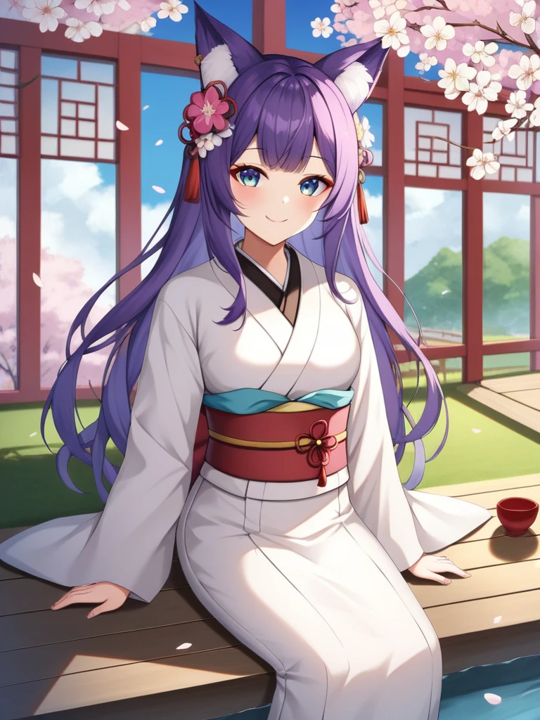 score_9, score_8_Excellent, score_7_Excellent, score_6_Excellent,The girl is sitting in the garden wearing pink and white clothes, One girl, Animal ears, alone, kimono, Purple Hair, Long Hair, smile, cherry blossoms, View your viewers, Animal earsの毛, flower, :d, hair ornaments, Fox Ears, Virtual YouTuber, kimono, skirt, Outdoor, hair flower, bangs, white kimono